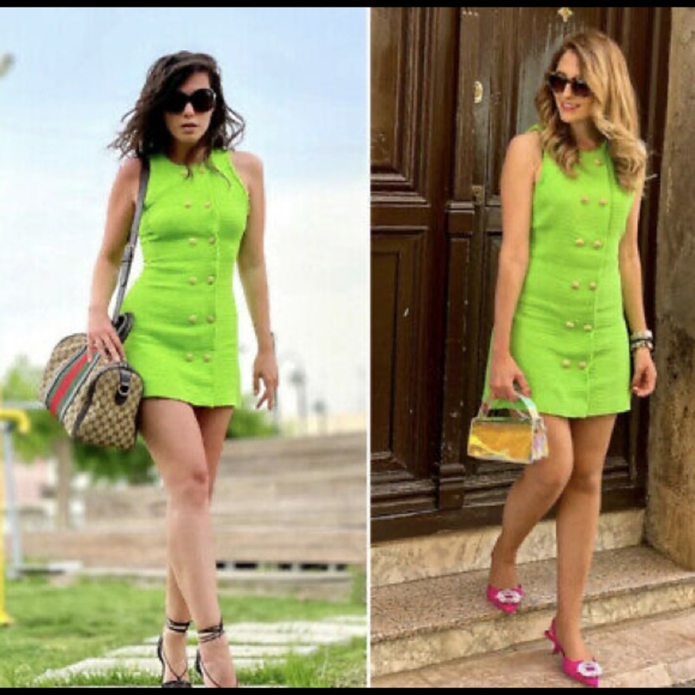 ZARA TEXTURED DRESS NEON GREEN BUTTONS XS Bloggers - Picture 3 of 16